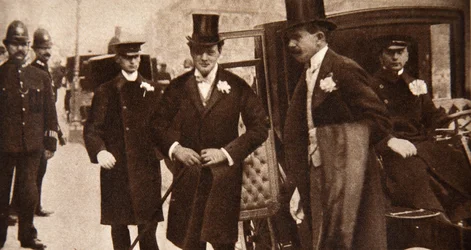 Winston Churchill arriving at the doors of St Margarets, Westminster on his Wedding Day, 1908